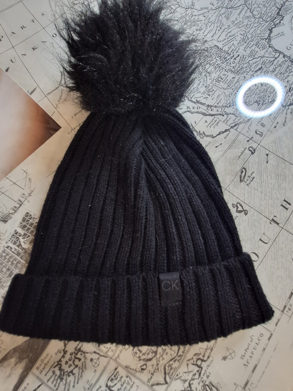 Calvin Klein Black Ribbed Knit Pom Beanie